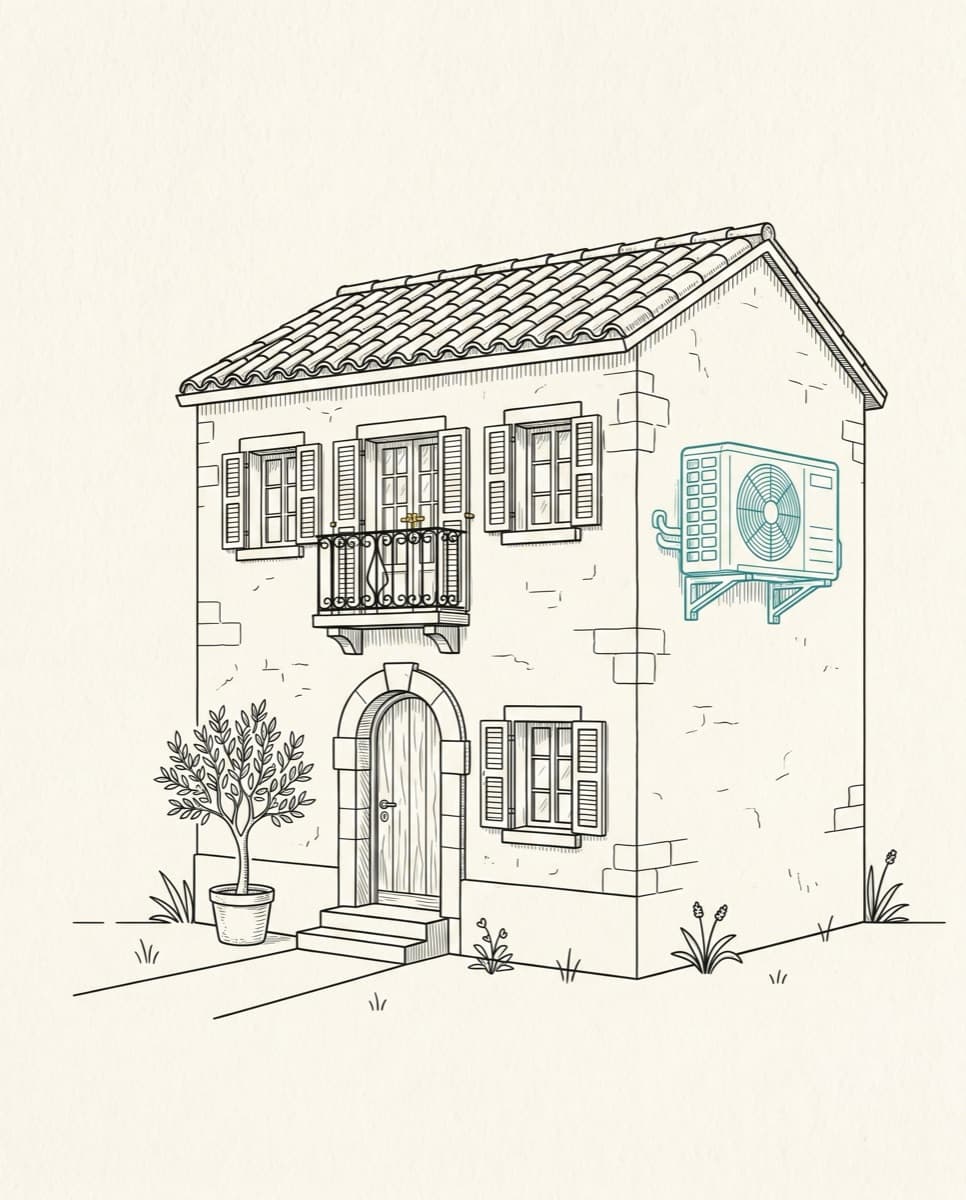 Illustration d'une maison méditerranéenne à Marseille avec une unité de climatisation extérieure posée en façade