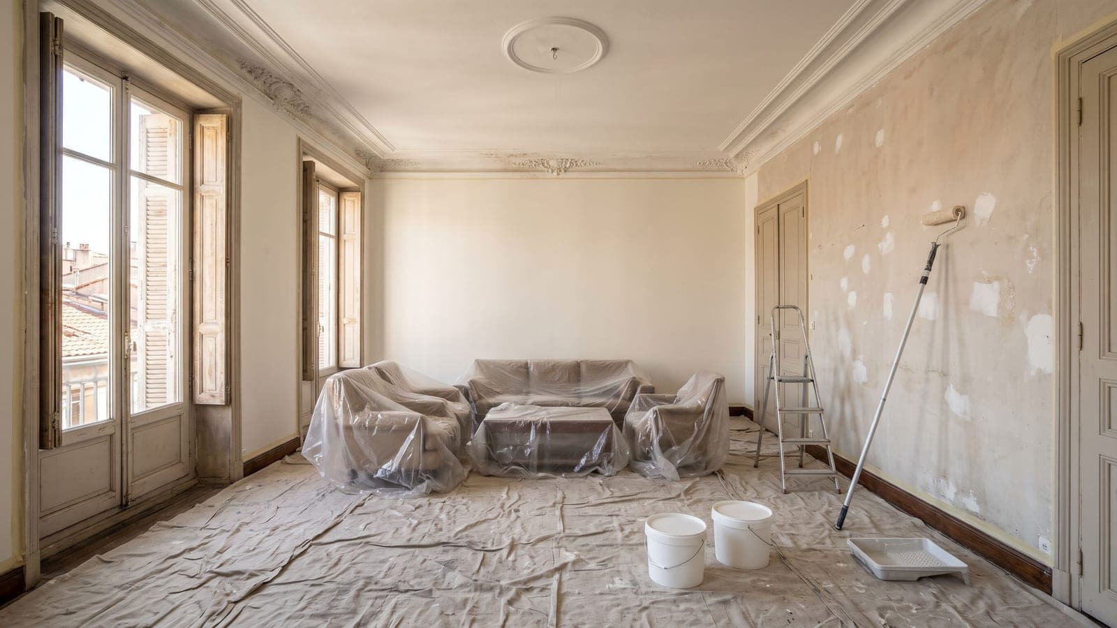 Séjour d'un appartement ancien pendant des travaux de peinture intérieure, mur du fond repeint et mur de droite en préparation