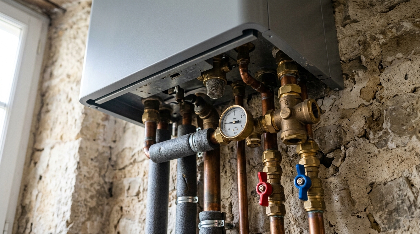 Schéma du circuit de chauffage avec chaudière, circulateur et vanne trois voies vers le départ chauffage et le départ eau chaude sanitaire