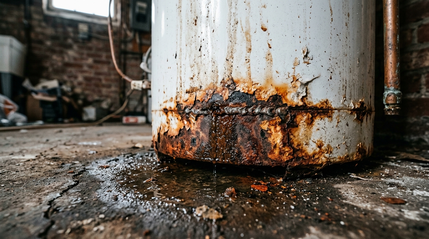 Cuve de chauffe-eau corrodée, fuite par le bas signe d'un appareil condamné