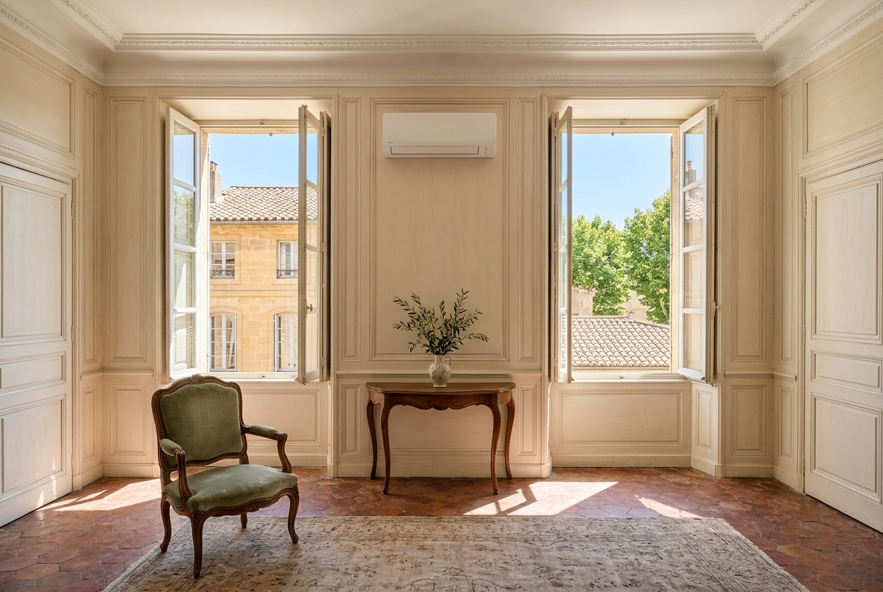 Climatisation discrète dans le salon d'un hôtel particulier du quartier Mazarin à Aix-en-Provence