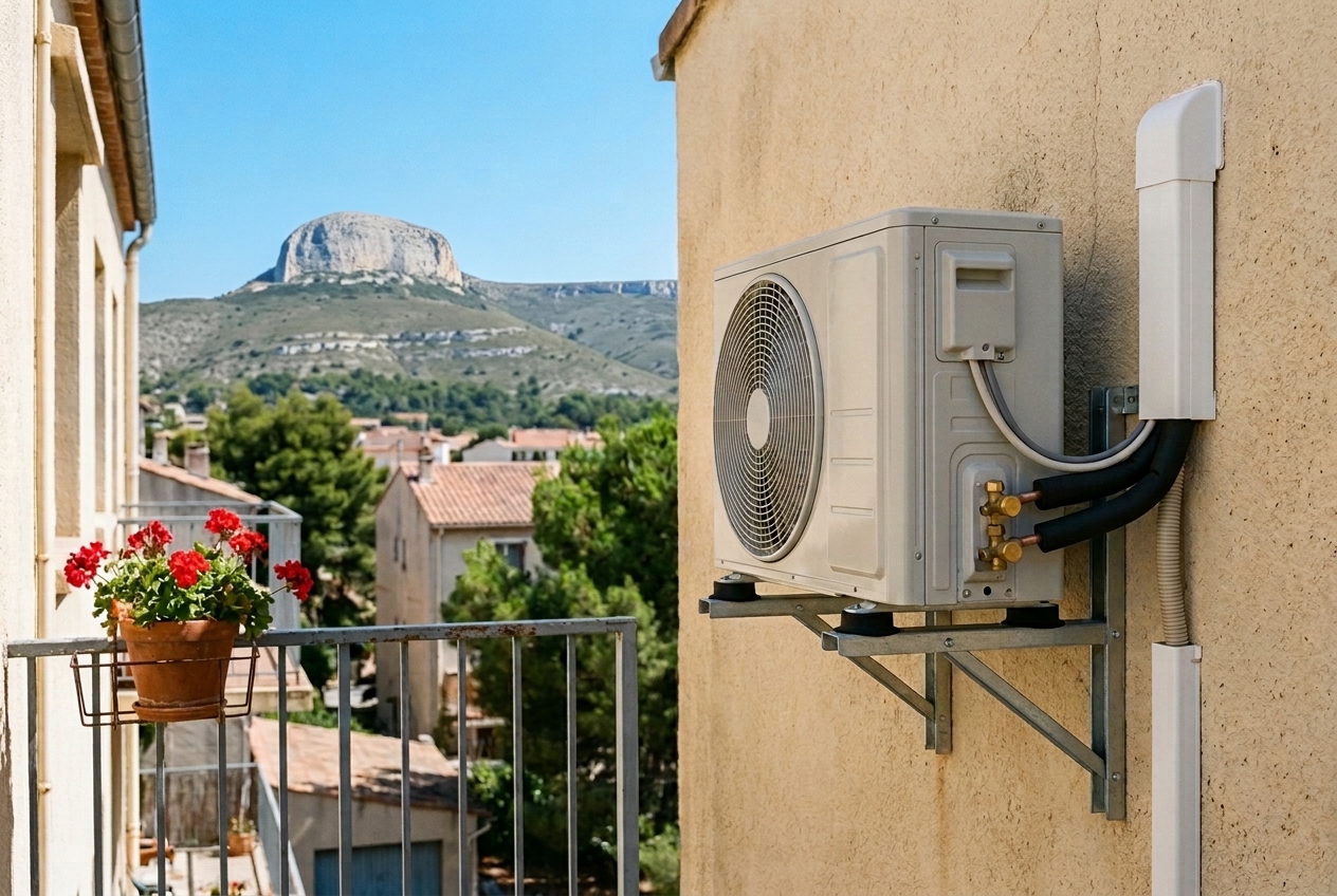 Unité extérieure de climatisation fixée sur la façade d'un immeuble d'Aubagne, à côté d'un balcon
