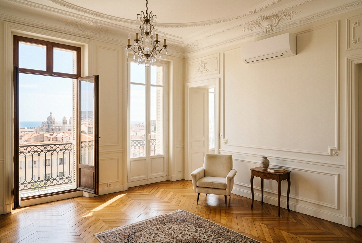 Climatisation discrète dans un appartement haussmannien du 8e (Prado) à Marseille