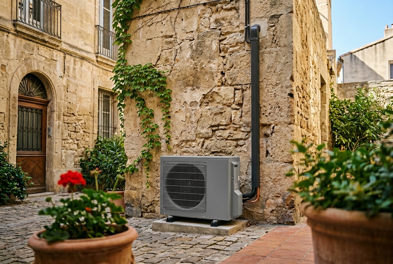 Unité extérieure de climatisation intégrée dans une cour du centre historique de Marseille