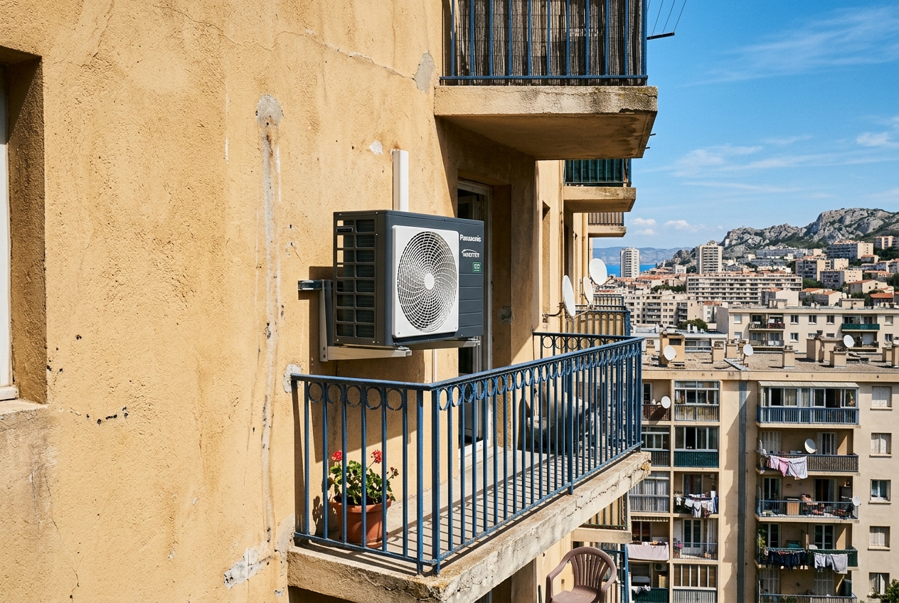 Unité extérieure de climatisation sur un balcon d'immeuble du nord de Marseille (13e/14e)