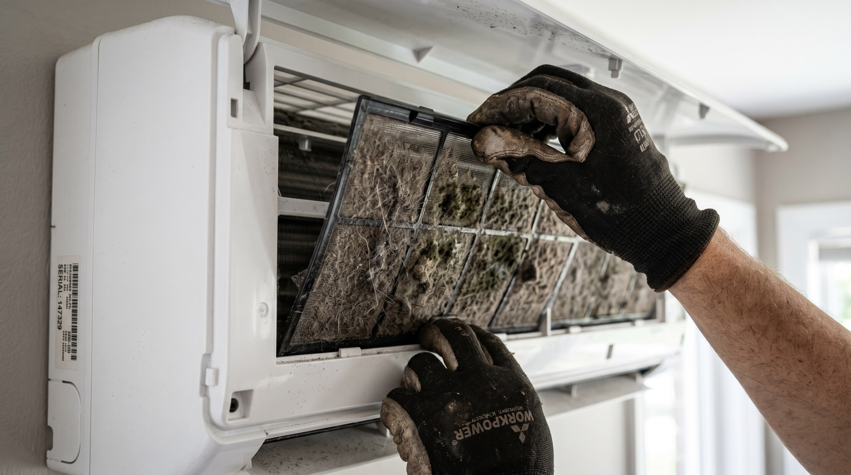 technicien retirant le filtre encrassé d'une climatisation murale avant nettoyage en profondeur (illustration)