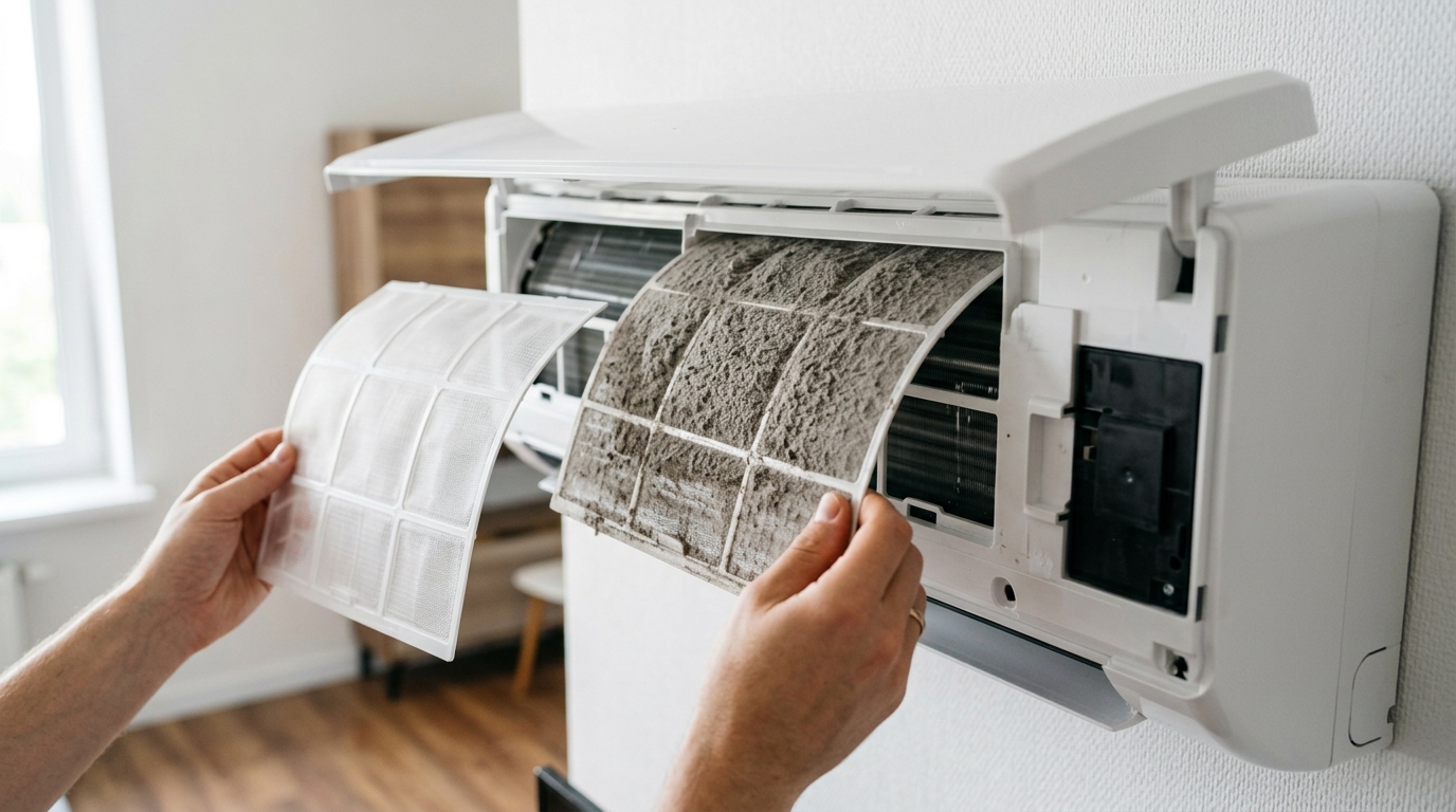 Nettoyage des filtres d'une climatisation Daikin — encrassement visible après une saison à Marseille