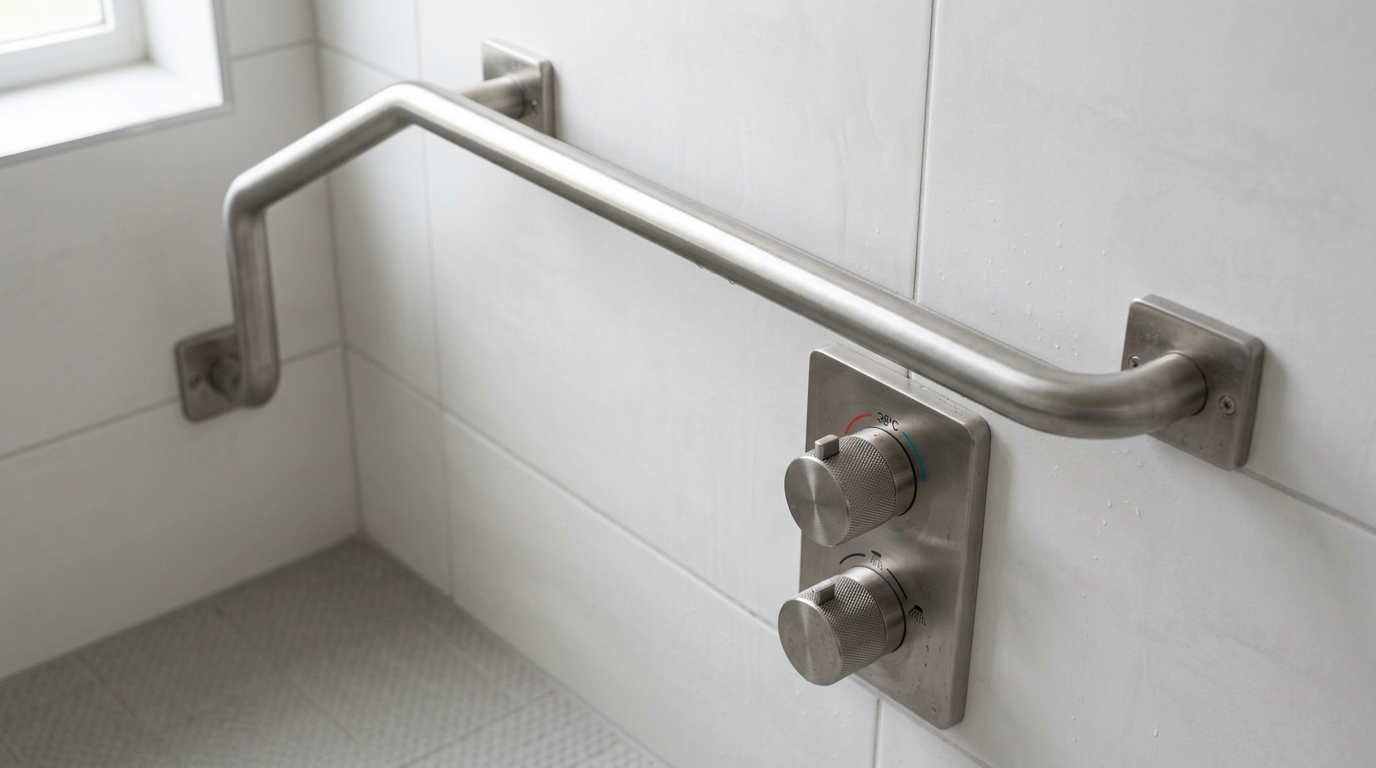 Barre d'appui inox et robinetterie thermostatique pour douche senior PMR
