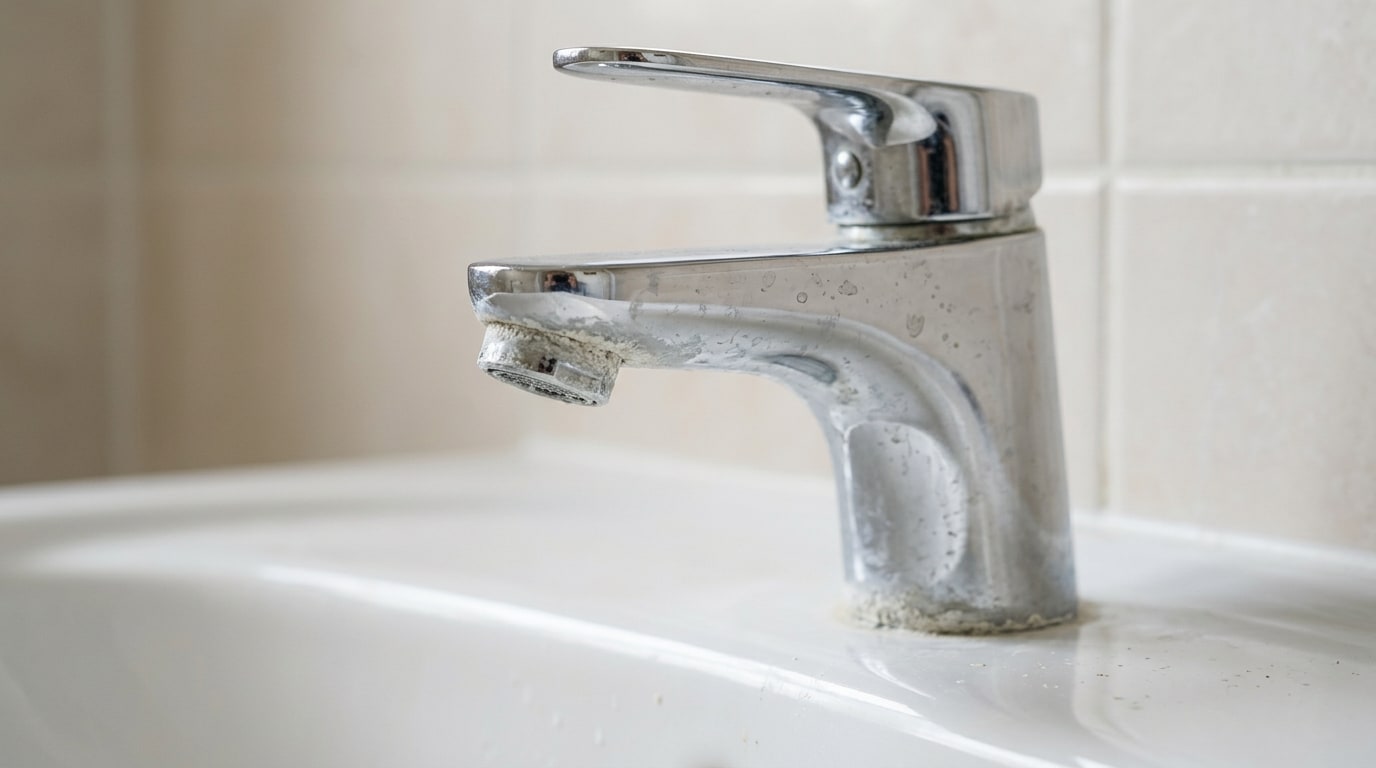 Mitigeur de lavabo chromé avec traces blanches de calcaire autour du bec