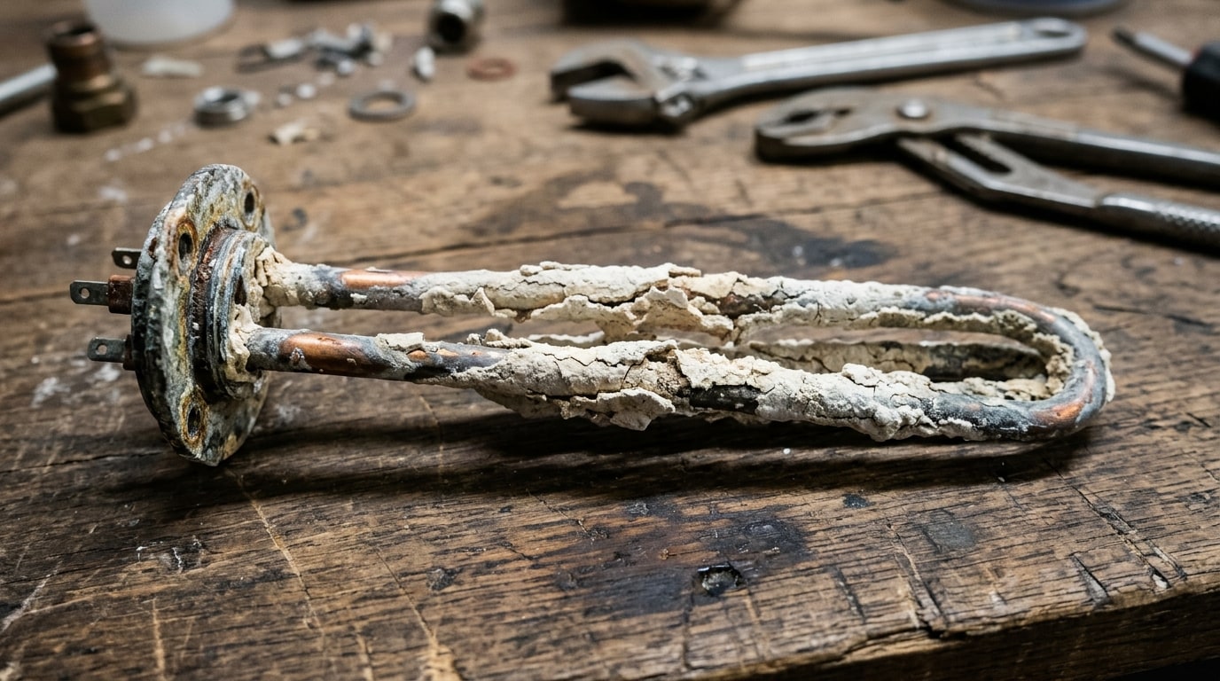 Résistance de chauffe-eau électrique recouverte de tartre blanc, posée sur un établi