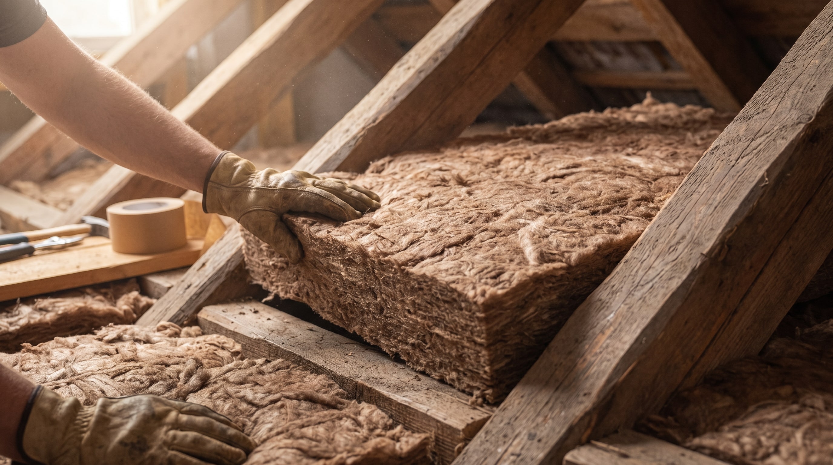 Pose de panneau de fibre de bois entre les chevrons d'un comble aménageable avant finition plaque de plâtre