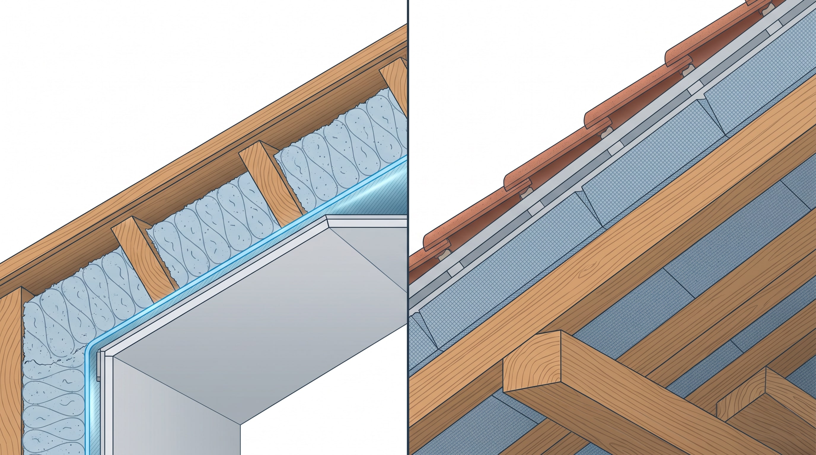 Schéma comparatif isolation sous rampants par l'intérieur versus sarking par l'extérieur