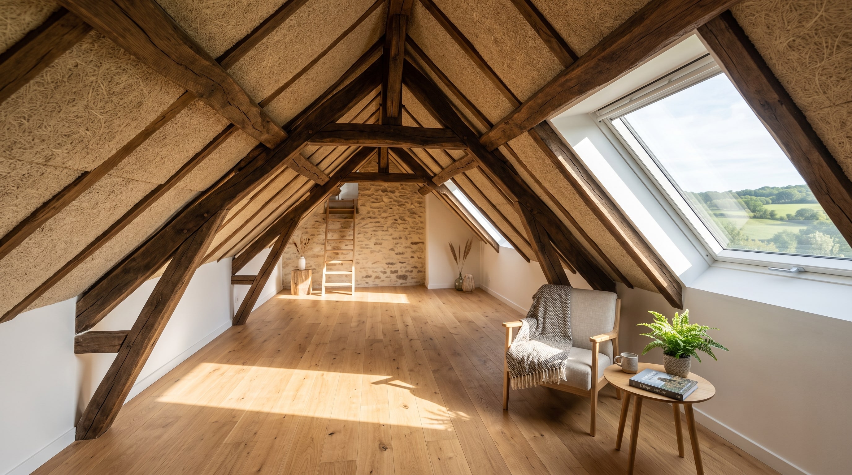 Combles aménagés isolés en fibre de bois entre les chevrons sous une toiture exposée au soleil d'été