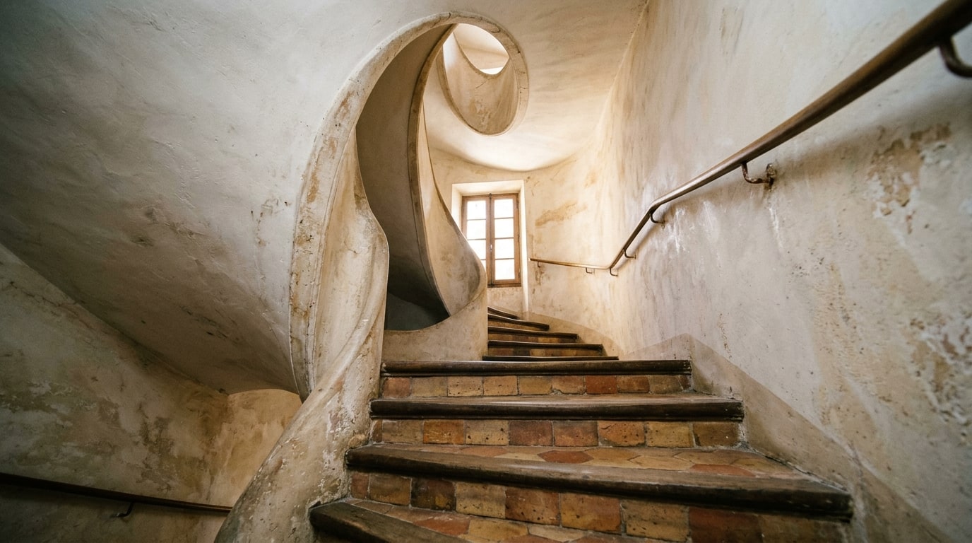 Escalier commun étroit d'un immeuble ancien sans ascenseur
