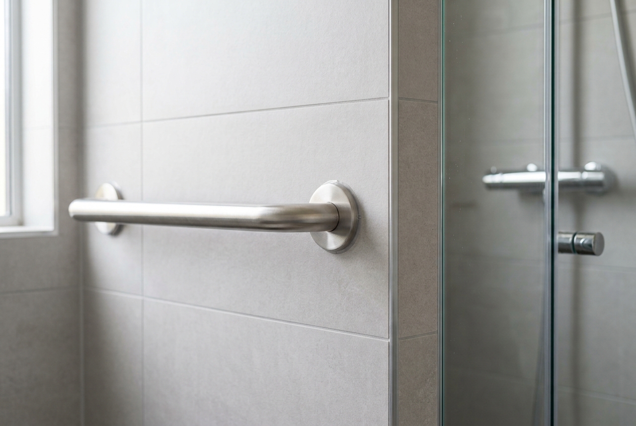 barre d'appui PMR à la hauteur recommandée en salle de bain