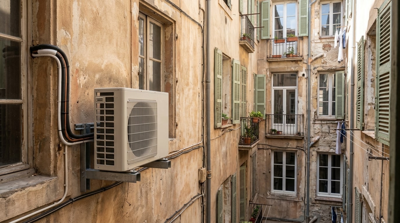 Unité extérieure de pompe à chaleur fixée en façade d'un immeuble ancien, côté cour, avec les fenêtres des immeubles voisins en vis-à-vis