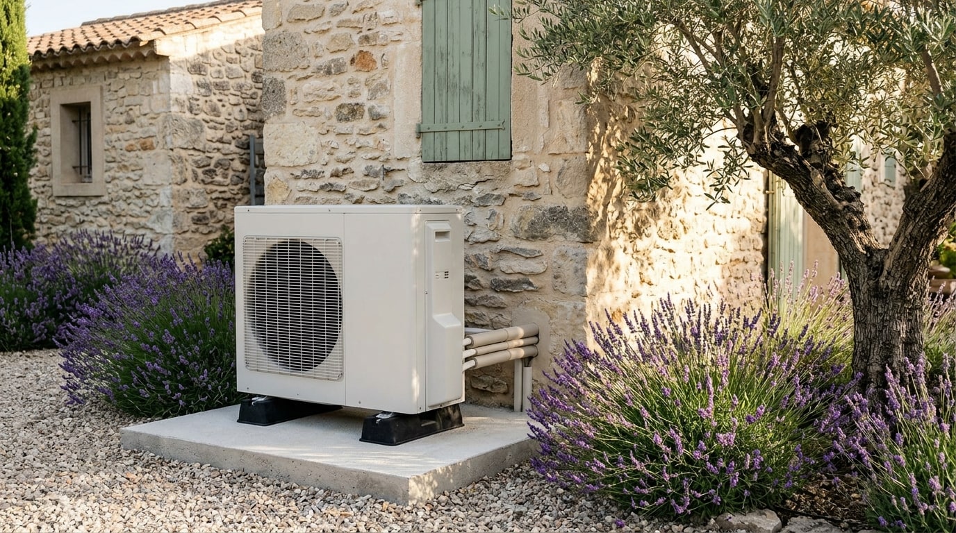 Unité extérieure de pompe à chaleur posée au sol sur plots, au pied d'une maison avec jardin