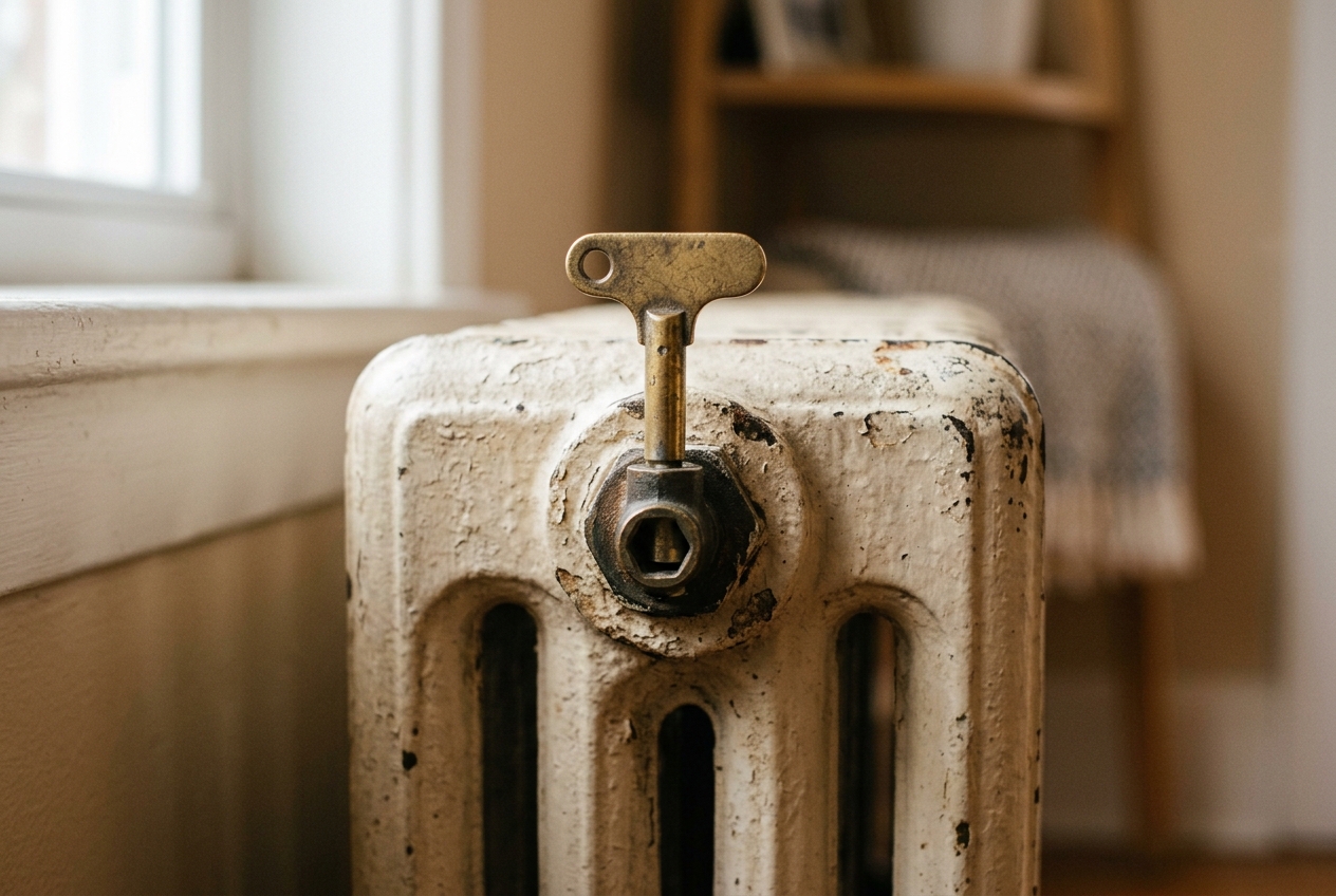 Clé de purge à carré sur la vis d'un radiateur en fonte