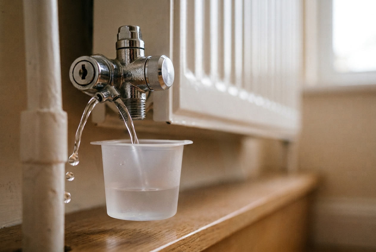 Eau évacuée par la vis de purge d'un radiateur, récupérée dans un récipient
