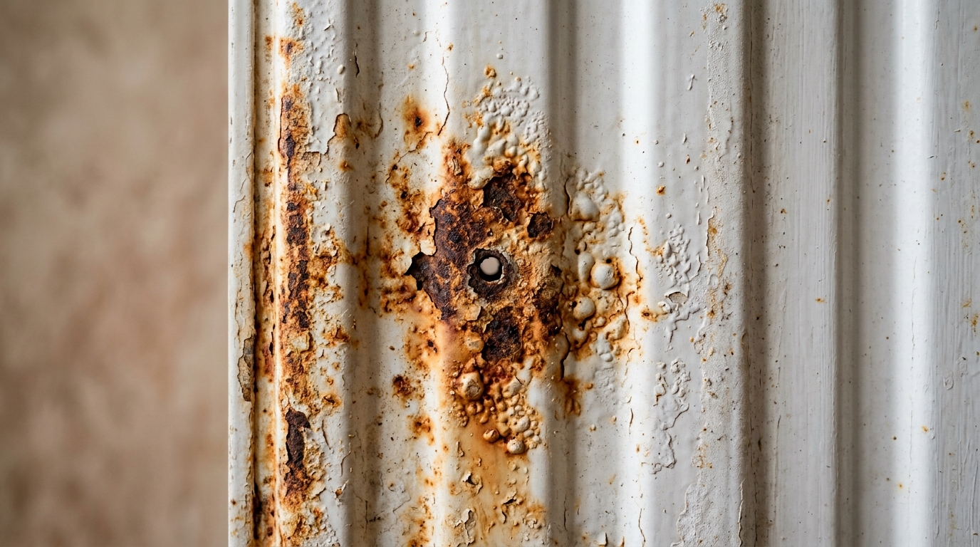 Trace de rouille et corrosion perforante sur le corps d'un radiateur en acier