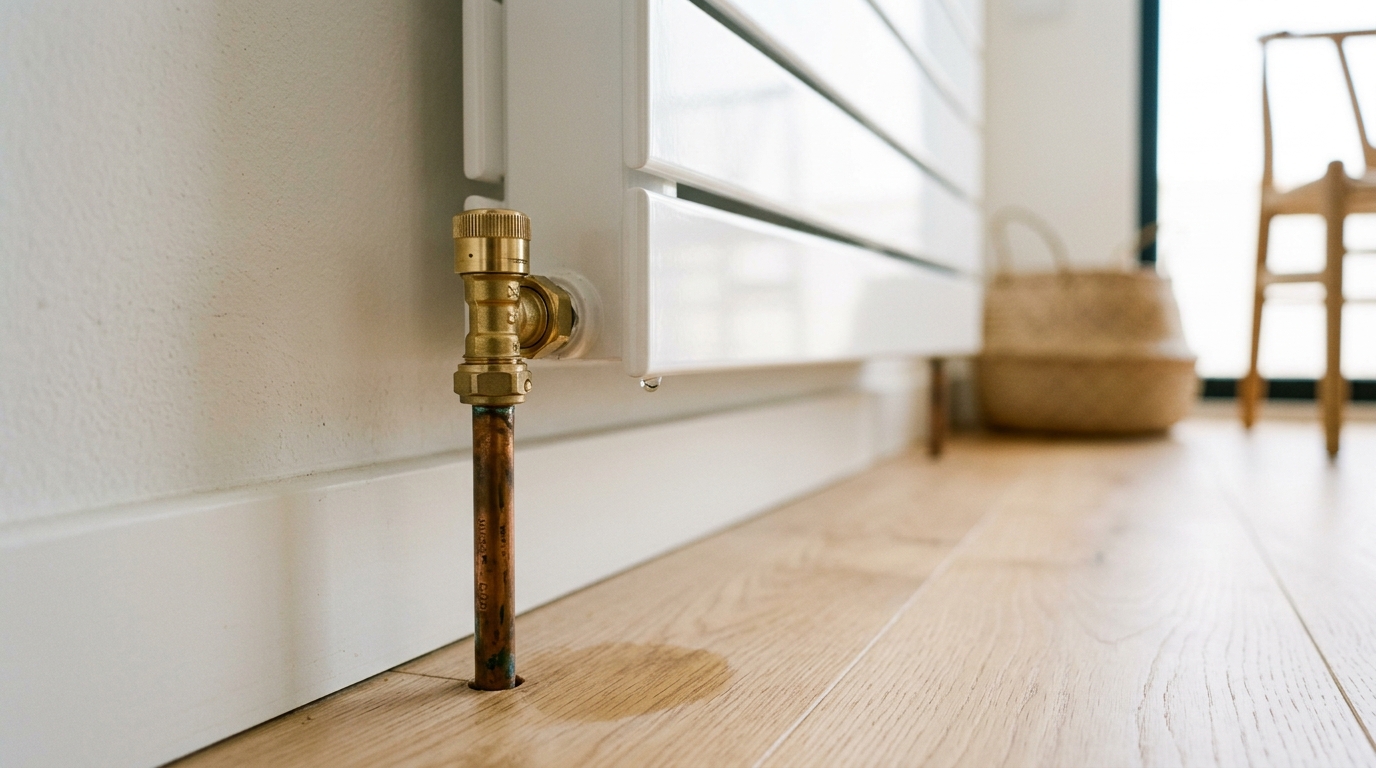 Té de réglage en laiton et raccord au tuyau de cuivre en bas d'un radiateur, avec une trace humide sur le parquet