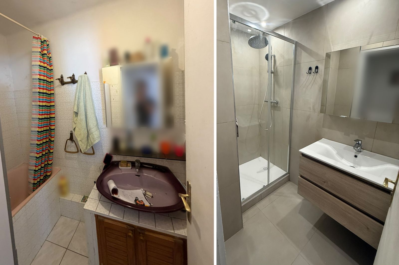 Avant, après : salle de bain rénovée par Rénov au Carré, baignoire remplacée par une douche vitrée et un meuble vasque