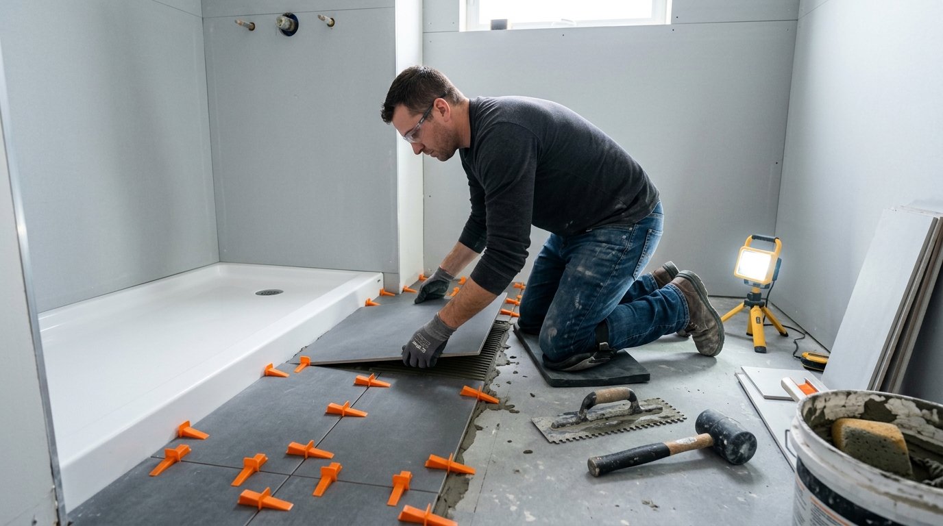 Chantier de rénovation salle de bain clé en main dans un appartement marseillais — pose carrelage et douche à l'italienne