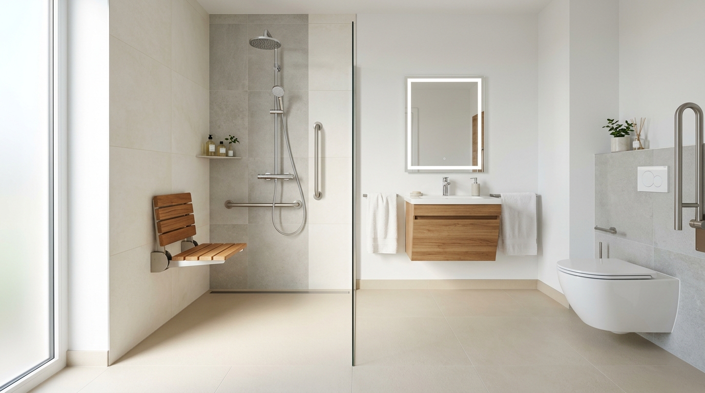 Salle de bain senior adaptée à Marseille — douche plain-pied, barres d'appui, sol antidérapant, certifié Silverbat