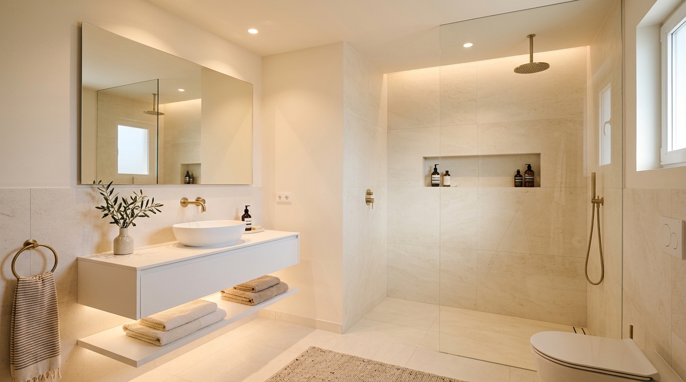 Résultat final rénovation salle de bain Marseille par Rénov au Carré — salle de bain moderne, carrelage et meuble vasque
