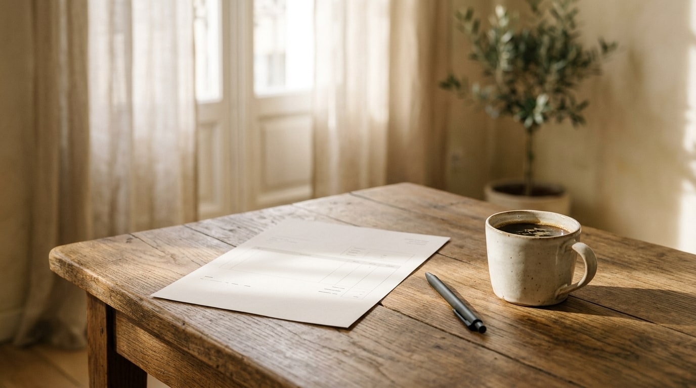 Un devis de travaux et un stylo posés sur la table d'un salon, à relire avant de signer