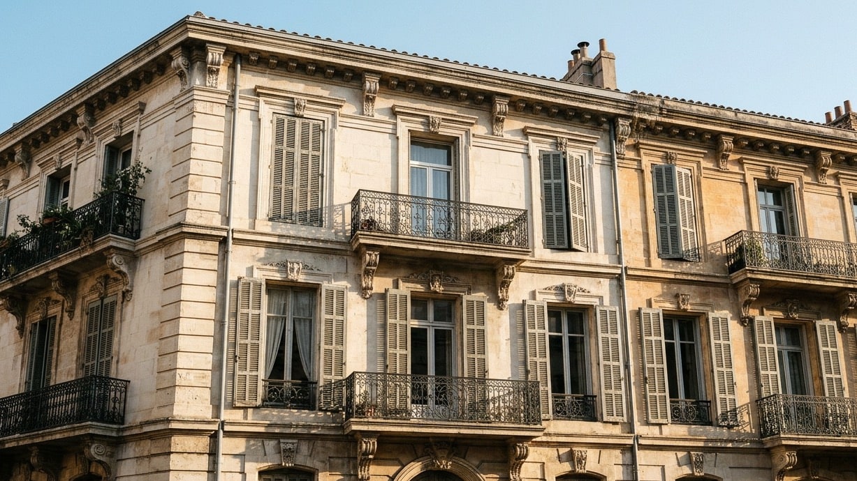 Façade d'un immeuble ancien à Marseille avec volets persiennes et balcons en fer forgé