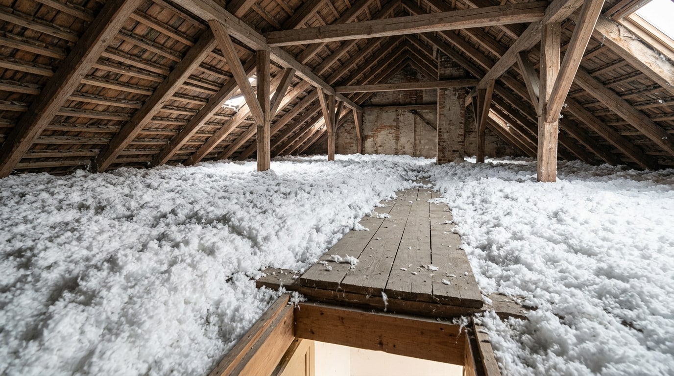 Laine isolante soufflée sur le plancher de combles perdus d'une maison ancienne